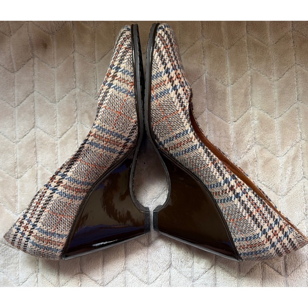 Cole Haan Nike Air Tali Plaid Tweed Wedge Pumps Tan Blue Round Toe Heels 9.5B - Picture 4 of 9